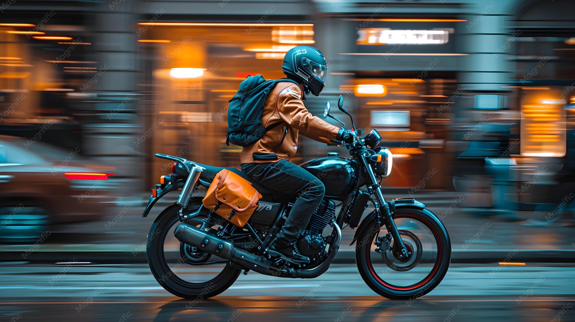 Mensajero en moto recorriendo la ciudad para RM Moto Mensajería