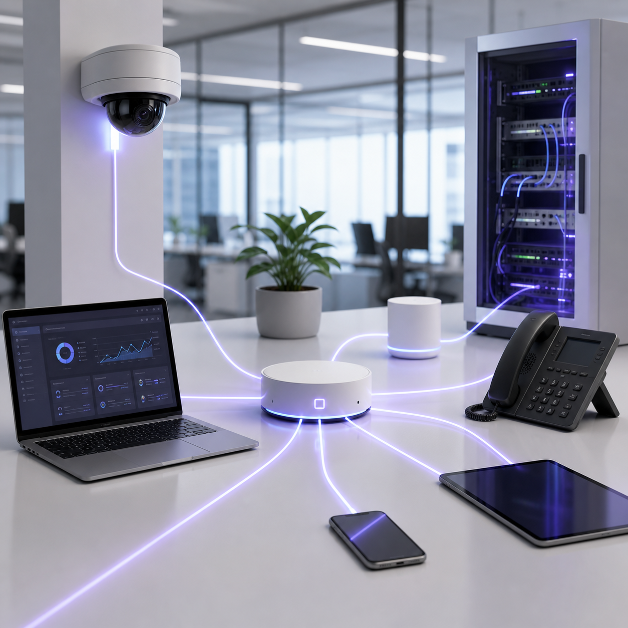 Red tecnológica que conecta seguridad, software y dispositivos